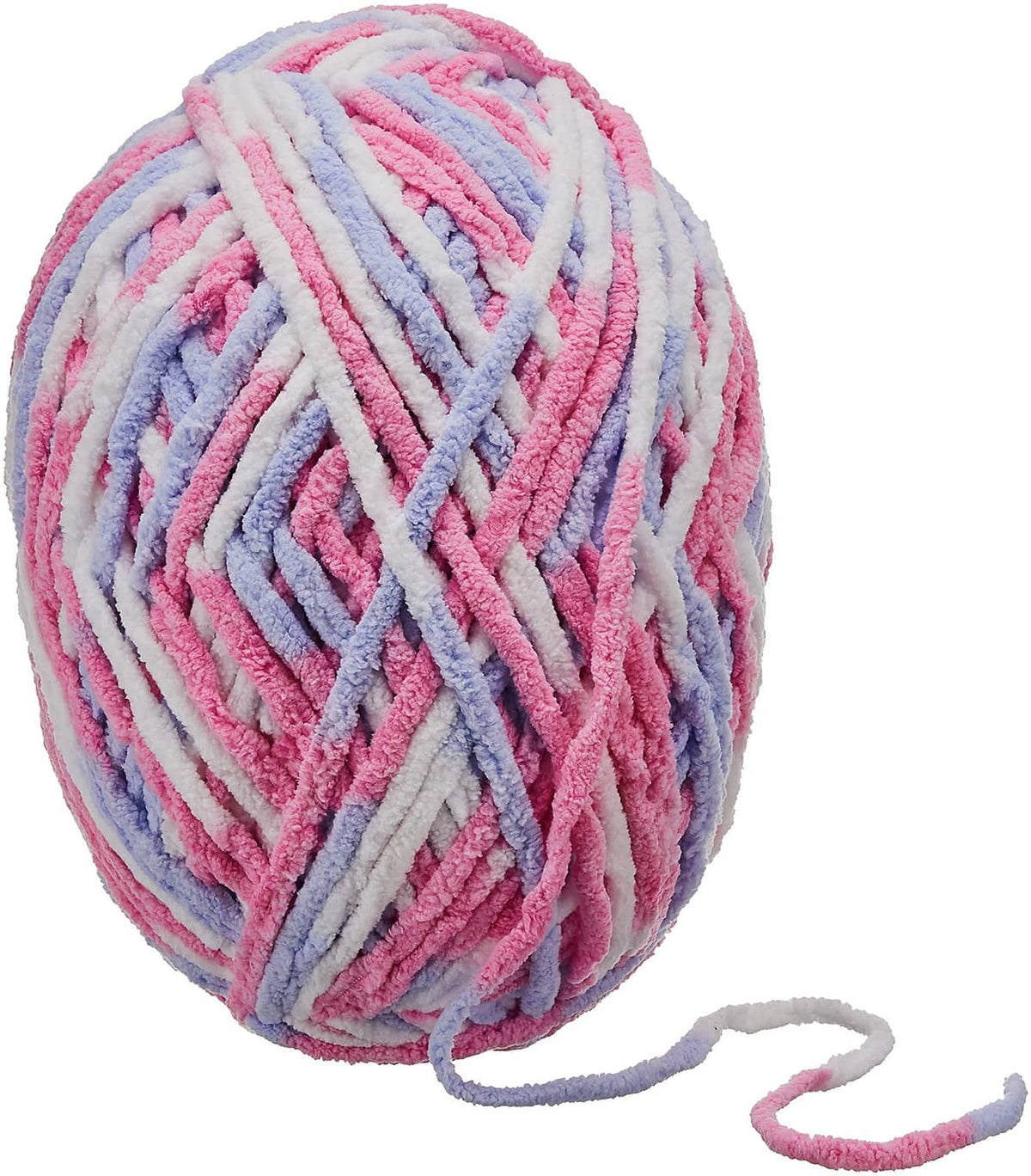 Bernat Baby Blanket chenille yarn ball in pink, blue, and white ombre