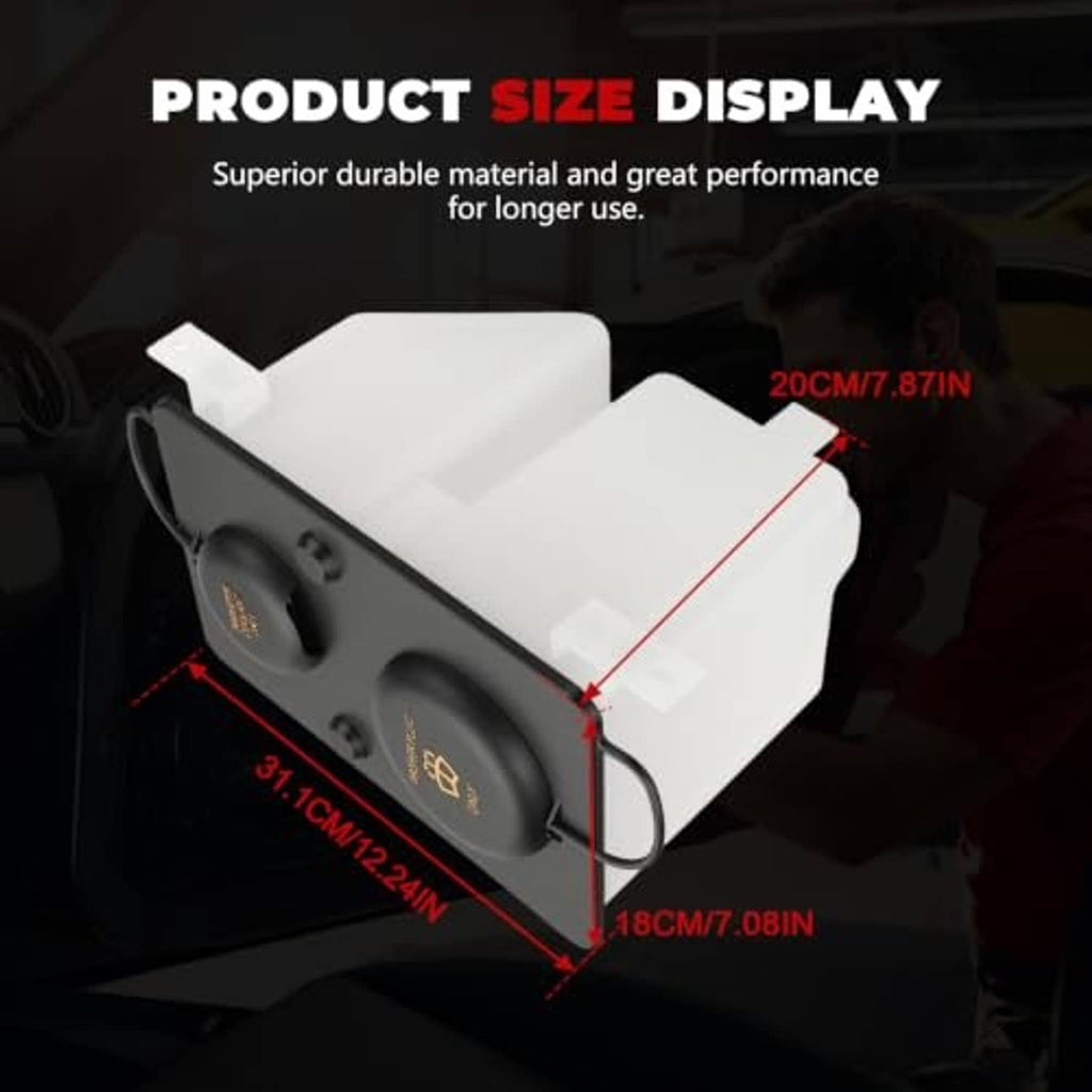 Coolant and washer fluid reservoir tank with two caps, shown with size measurements