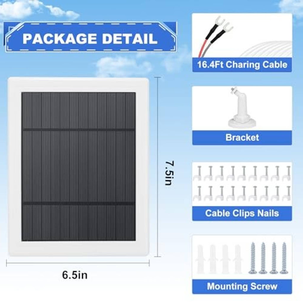 Solar panel charger kit with bracket, charging cable, cable clips, and mounting screws