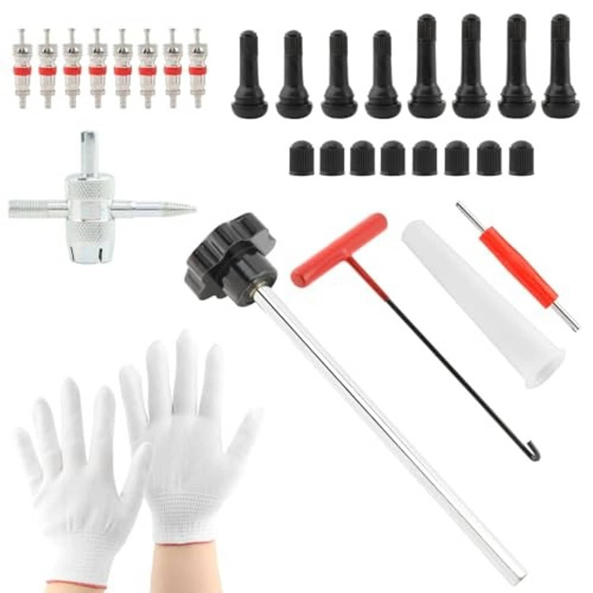 Tire valve core replacement kit with gloves, metal insertion tool, red handle, valve caps