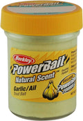 Fishing dough bait jar with yellow lid and PowerBait Natural Scent Garlic/Ail label
