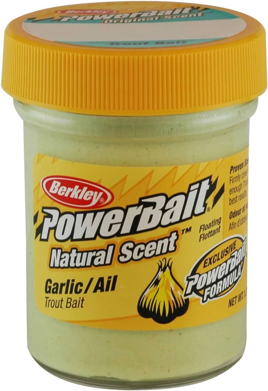 Fishing dough bait jar with yellow lid and PowerBait Natural Scent Garlic/Ail label