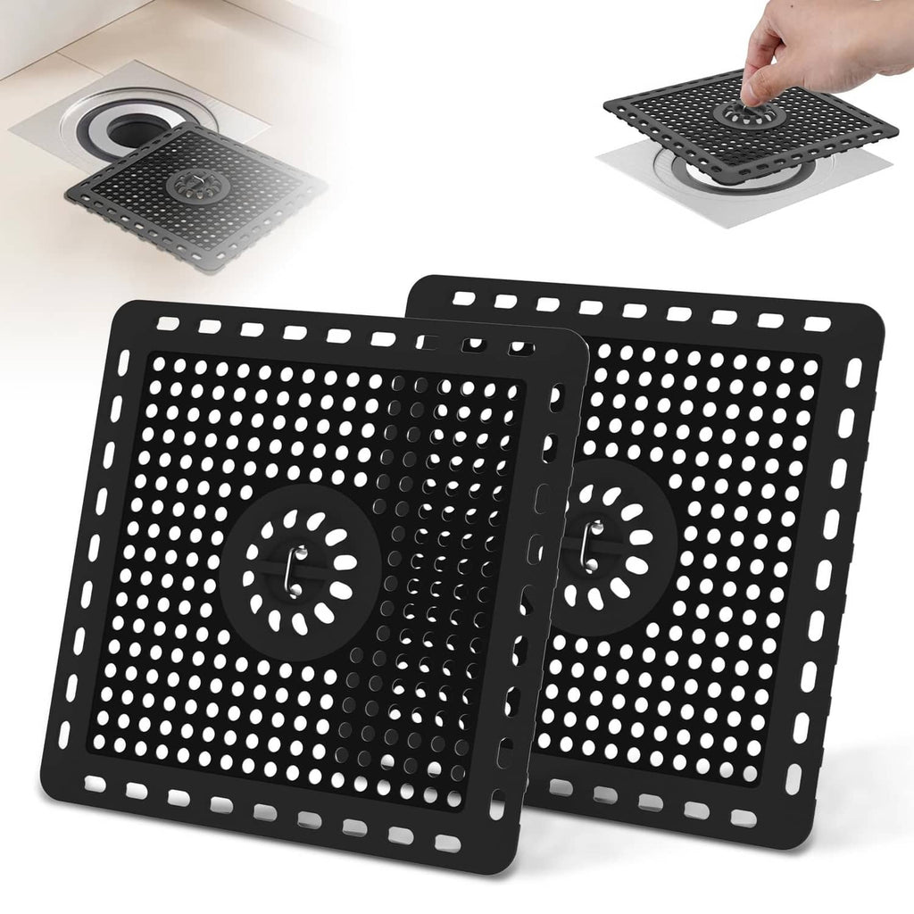 Matte black square shower drain hair catcher, two-pack with perforated grids and round centers