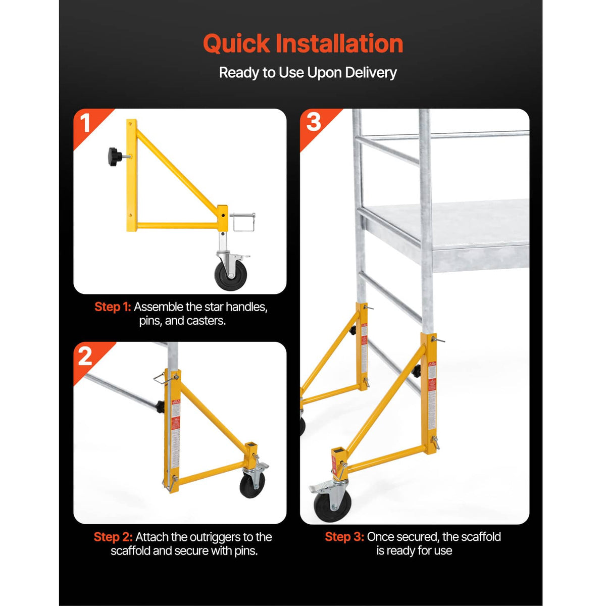 Yellow scaffolding outrigger with caster wheel shown during quick assembly steps