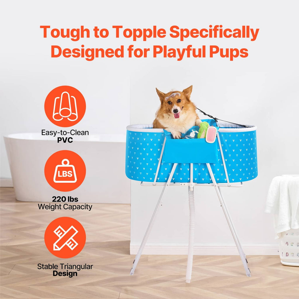 Blue elevated dog bathtub with triangular stable frame and side handle