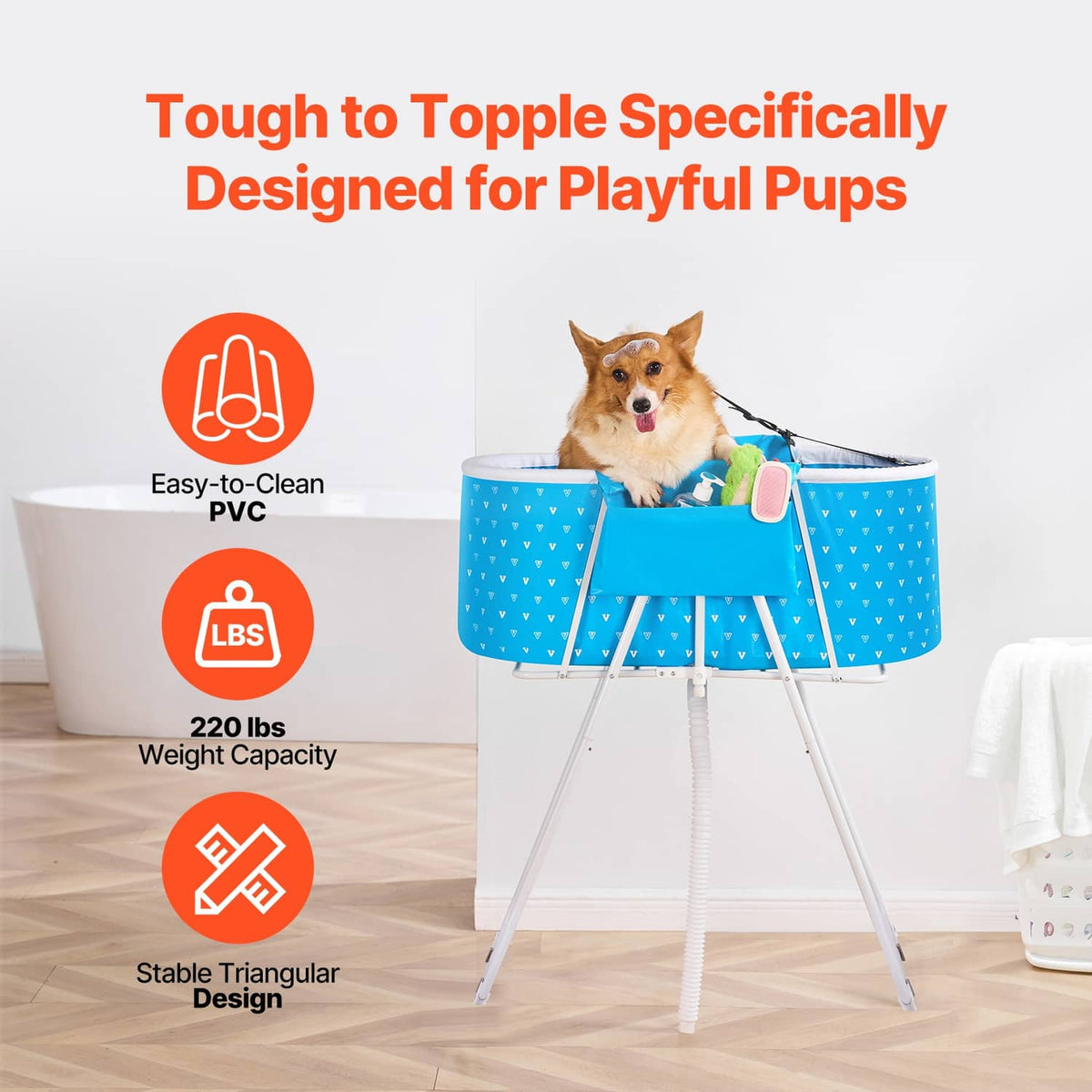 Blue elevated dog bathtub with triangular stable frame and side handle