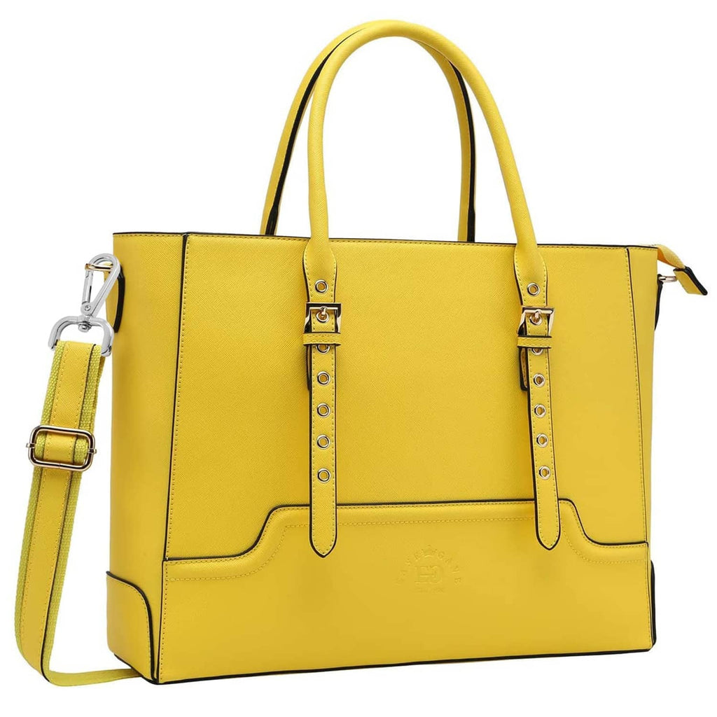 Silver snap swivel hooks on a yellow tote bag strap for detachable attachment