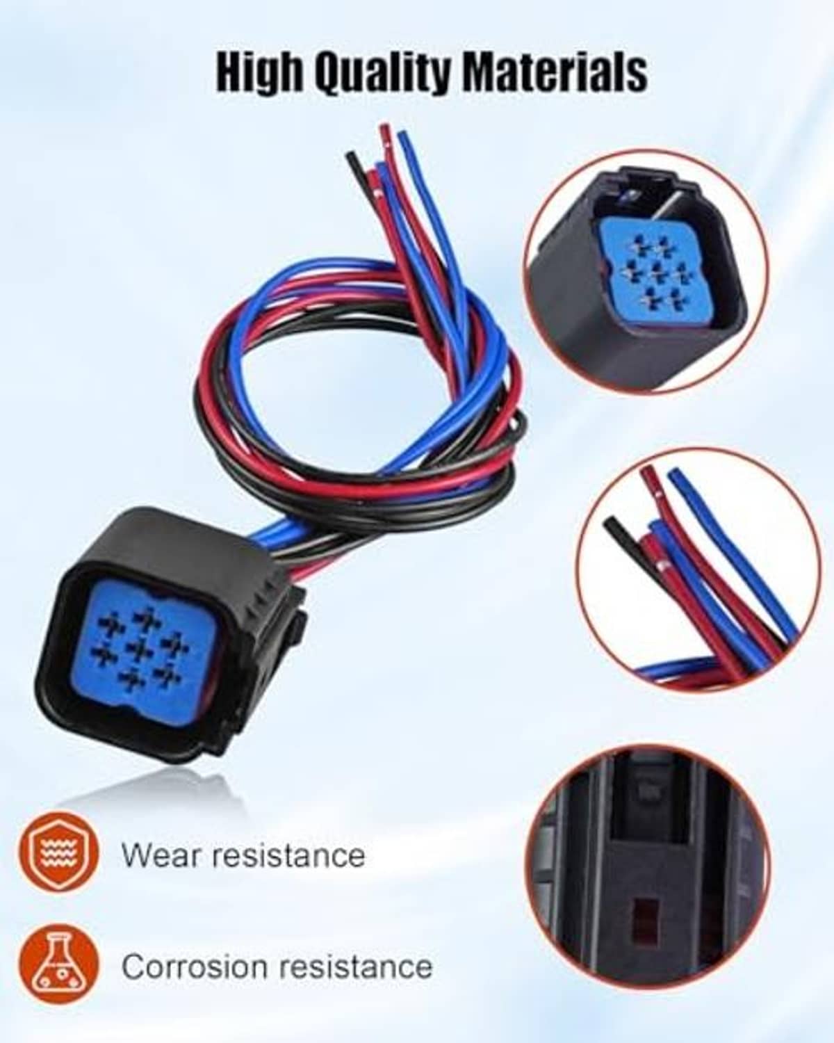 Headlight connector pigtail harness with blue multi-pin plug, red/blue wires, black housing