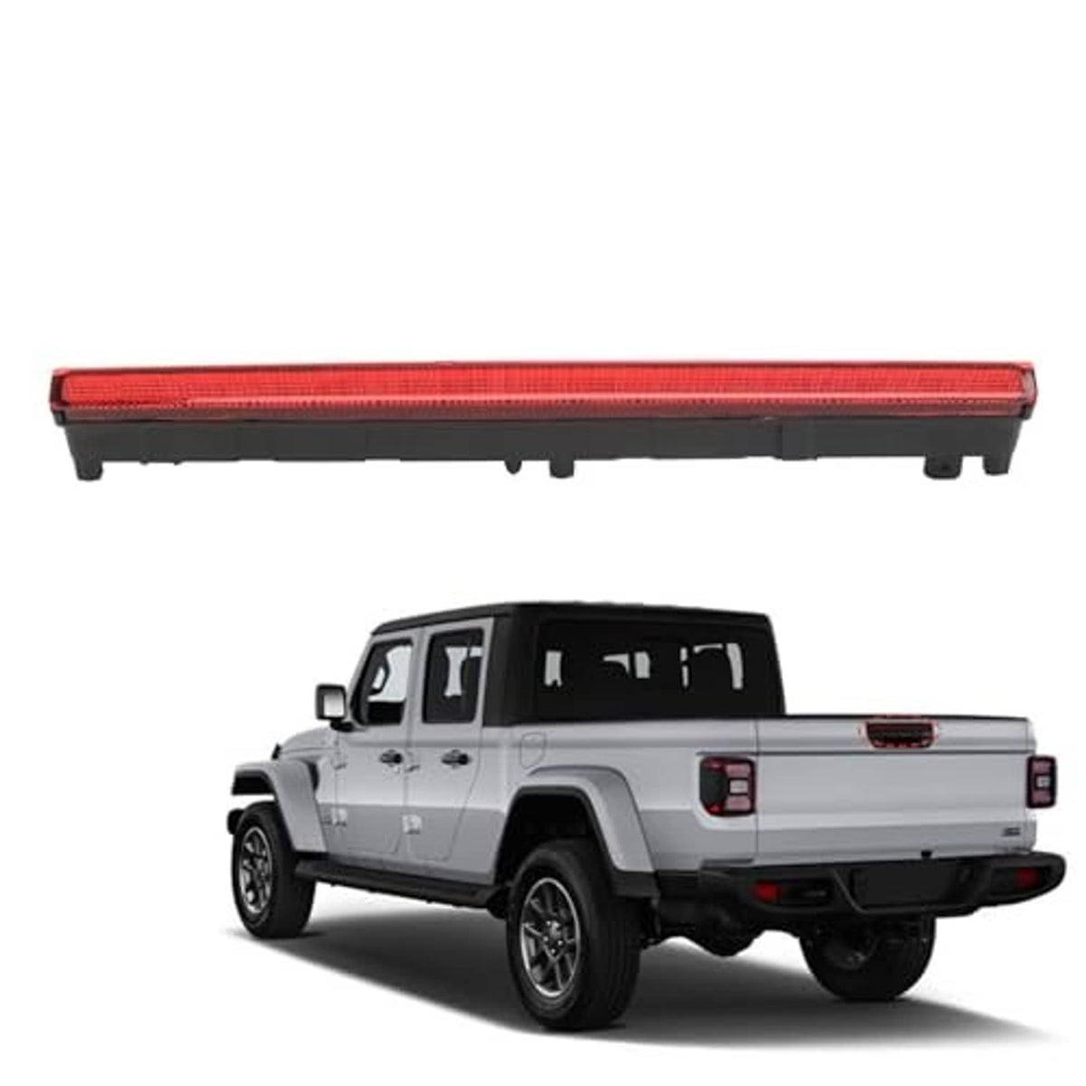 Center high mount third brake light, red strip lens in black mounting housing