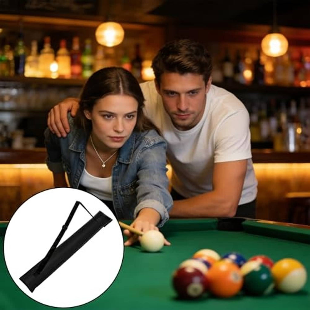 Black pool cue case with strap, shown near a billiard table