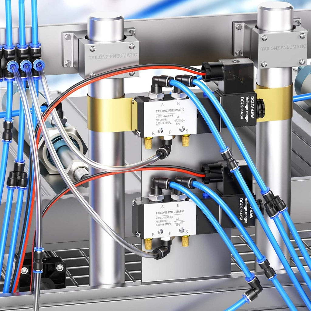 Industrial pneumatic system with straight reducer fittings, blue hoses, and metal fittings