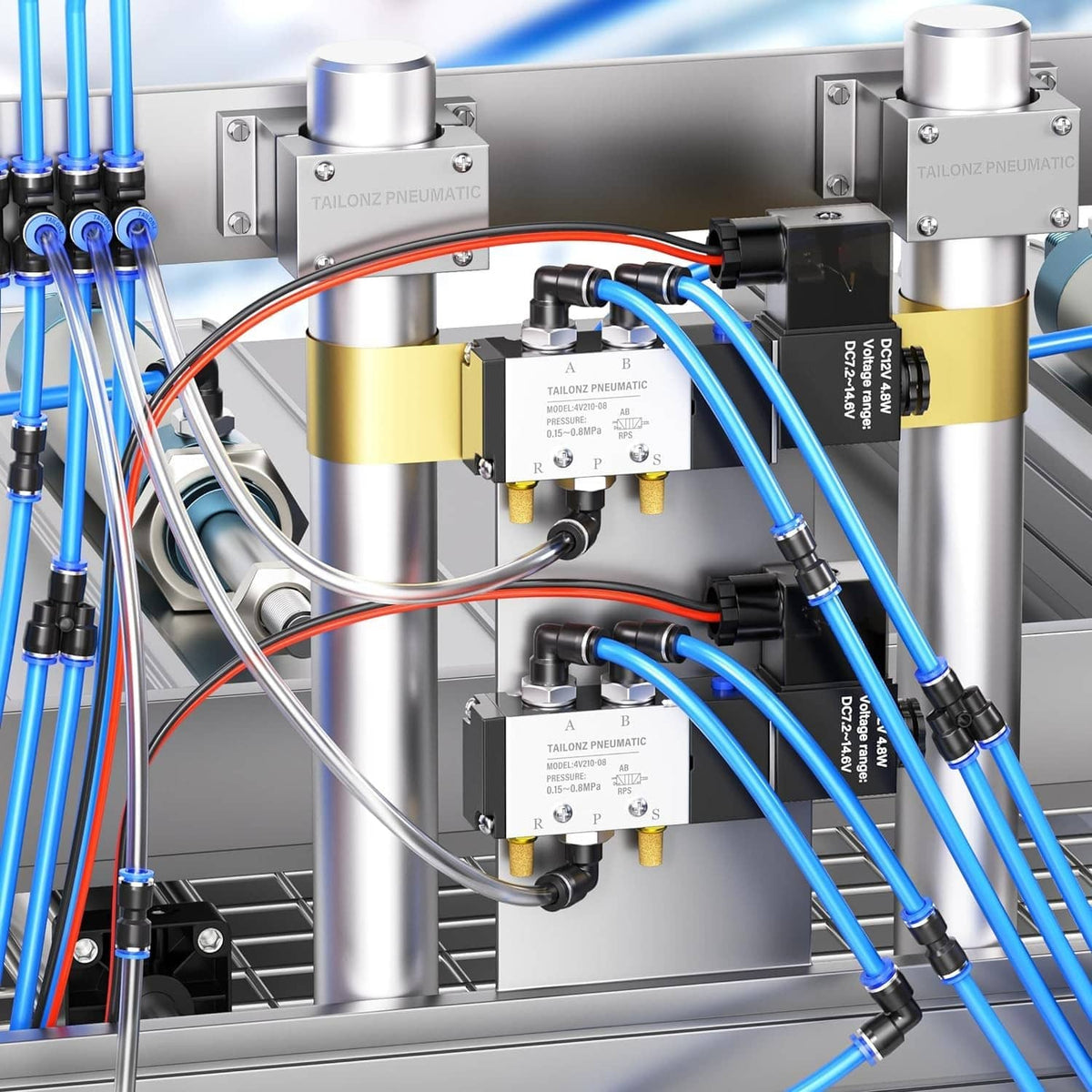 Industrial pneumatic system with straight reducer fittings, blue hoses, and metal fittings