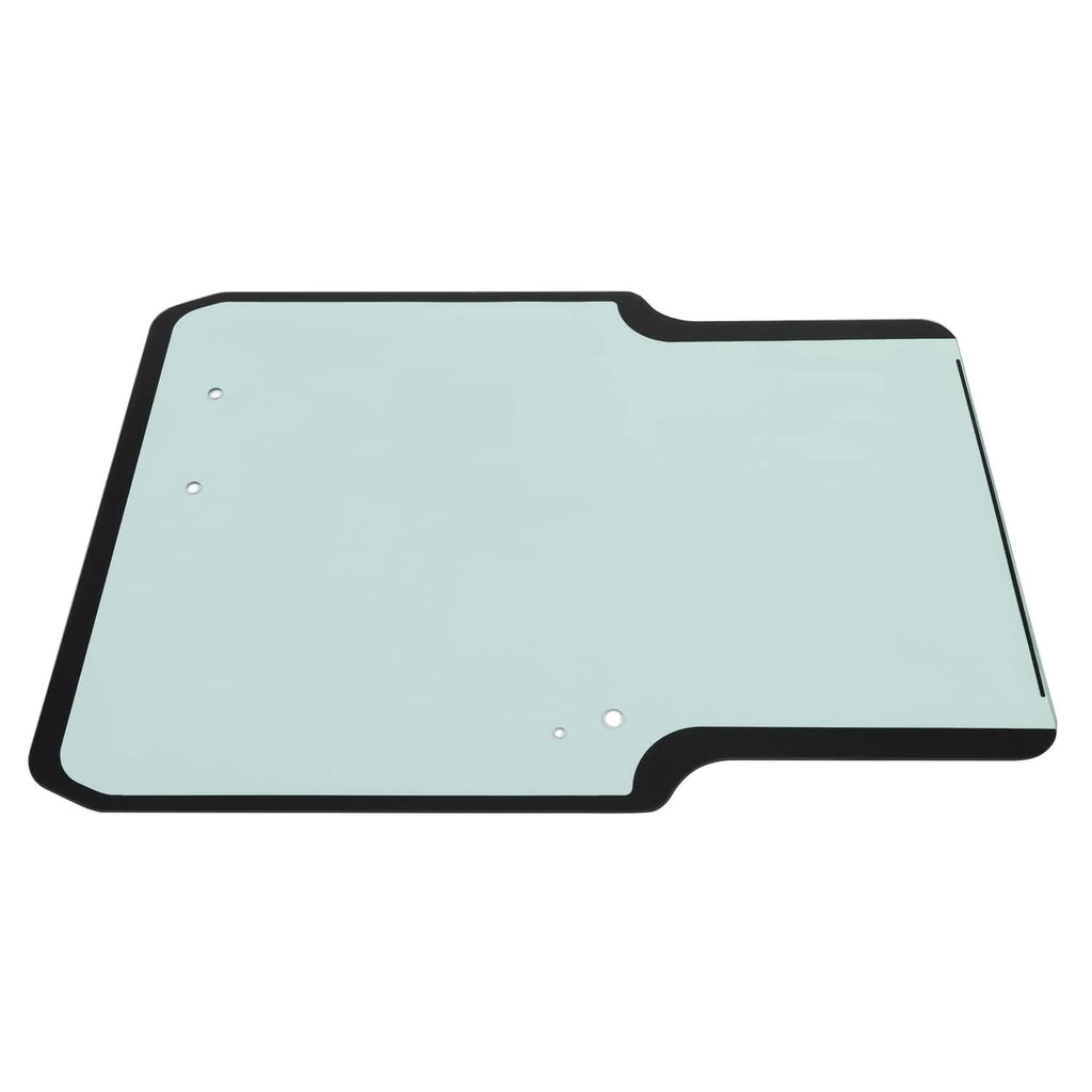 Window glass panel with black frame and side notch, light blue-tinted