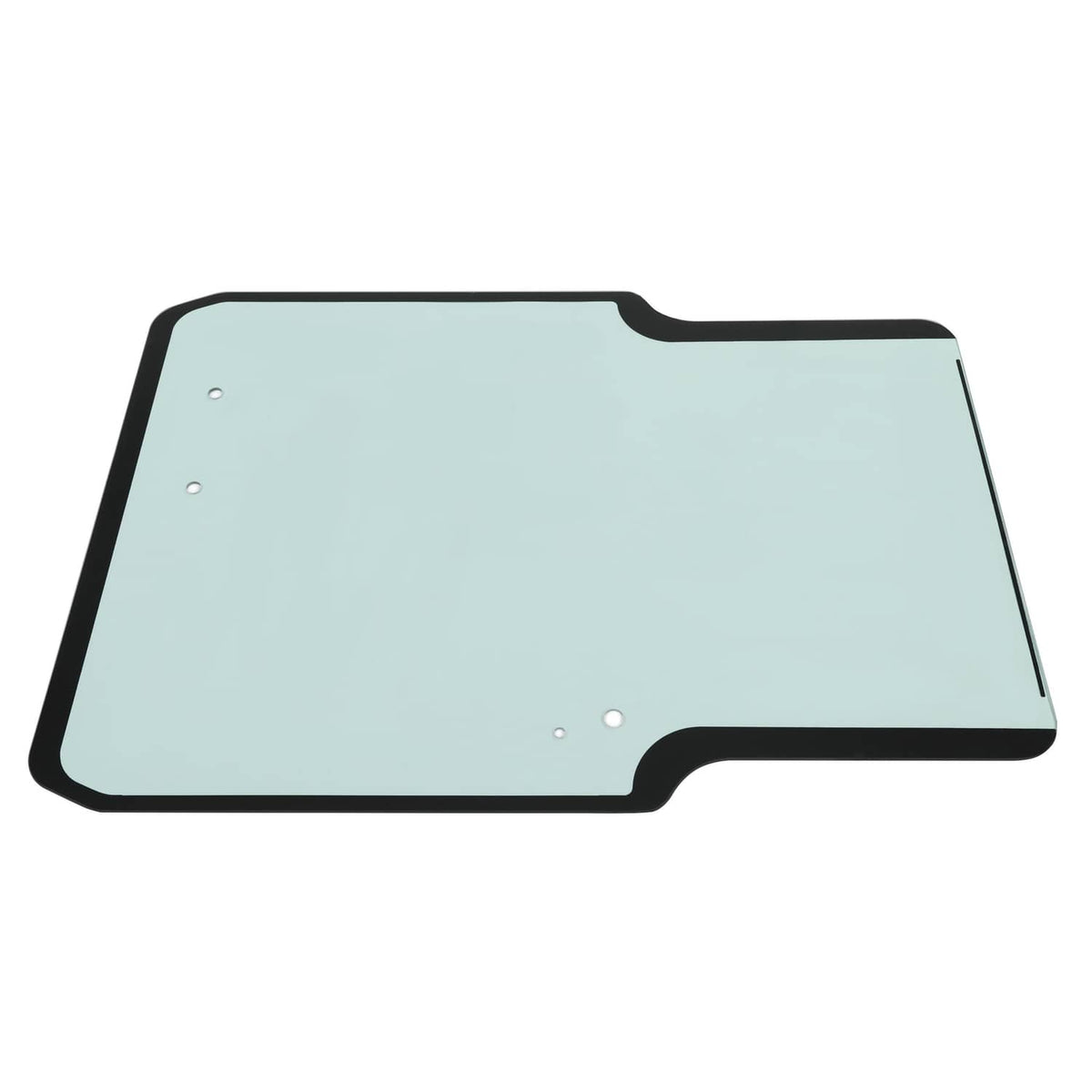 Window glass panel with black frame and side notch, light blue-tinted