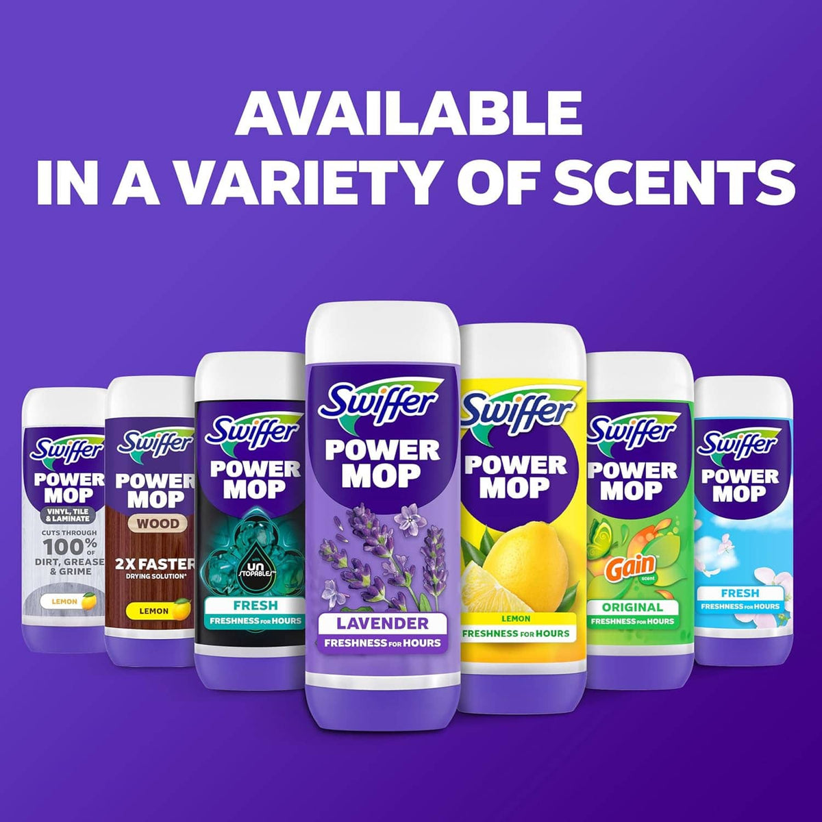 Swiffer Power Mop fragrance bottles variety lineup in purple packaging