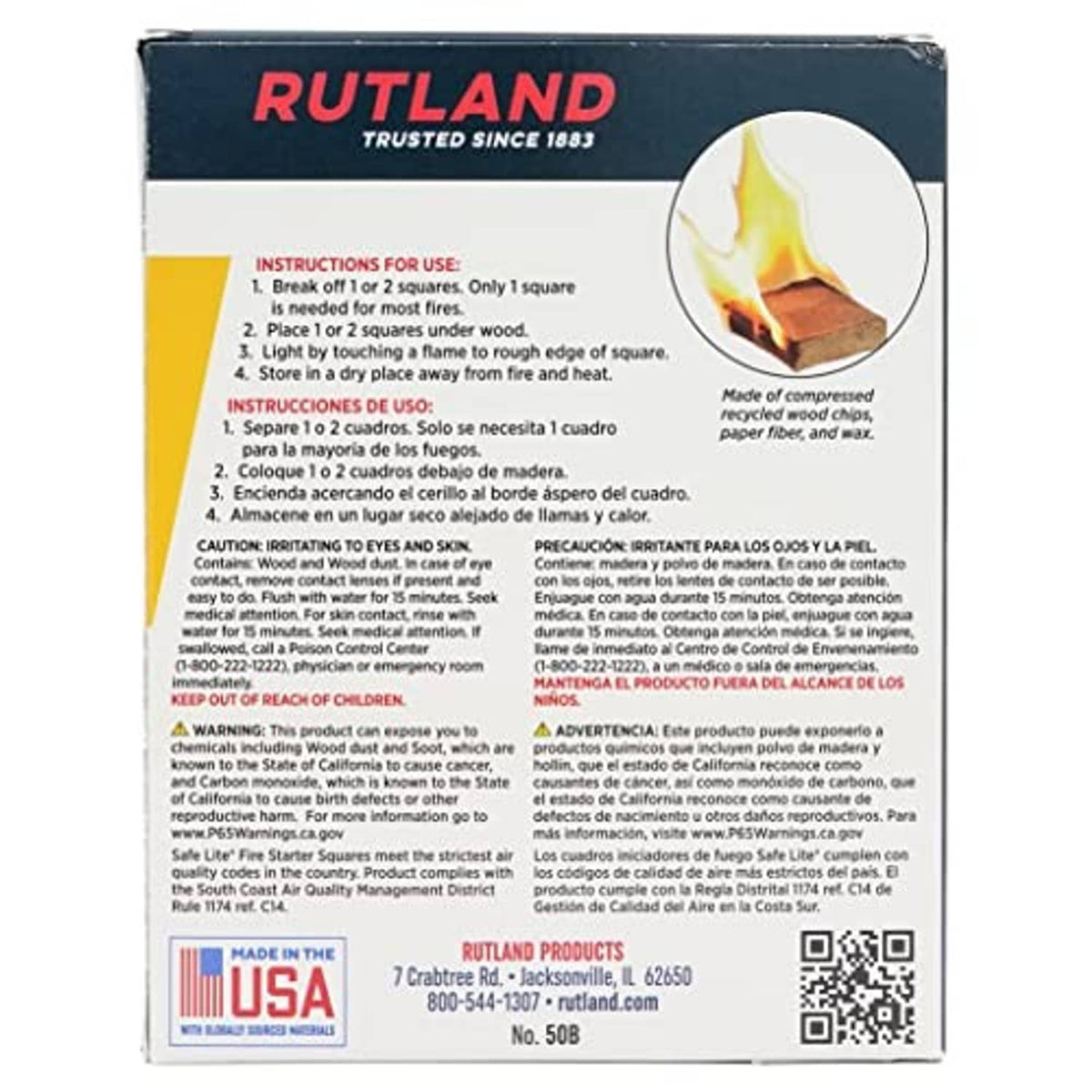 Rutland Safe Lite fire starter squares retail box back with instructions panel