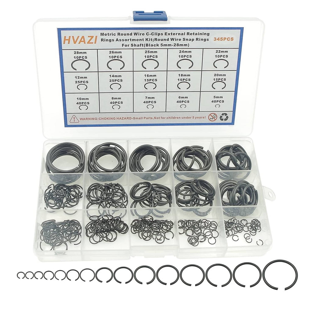Metric round wire C-clips external retaining rings assorted in clear storage case