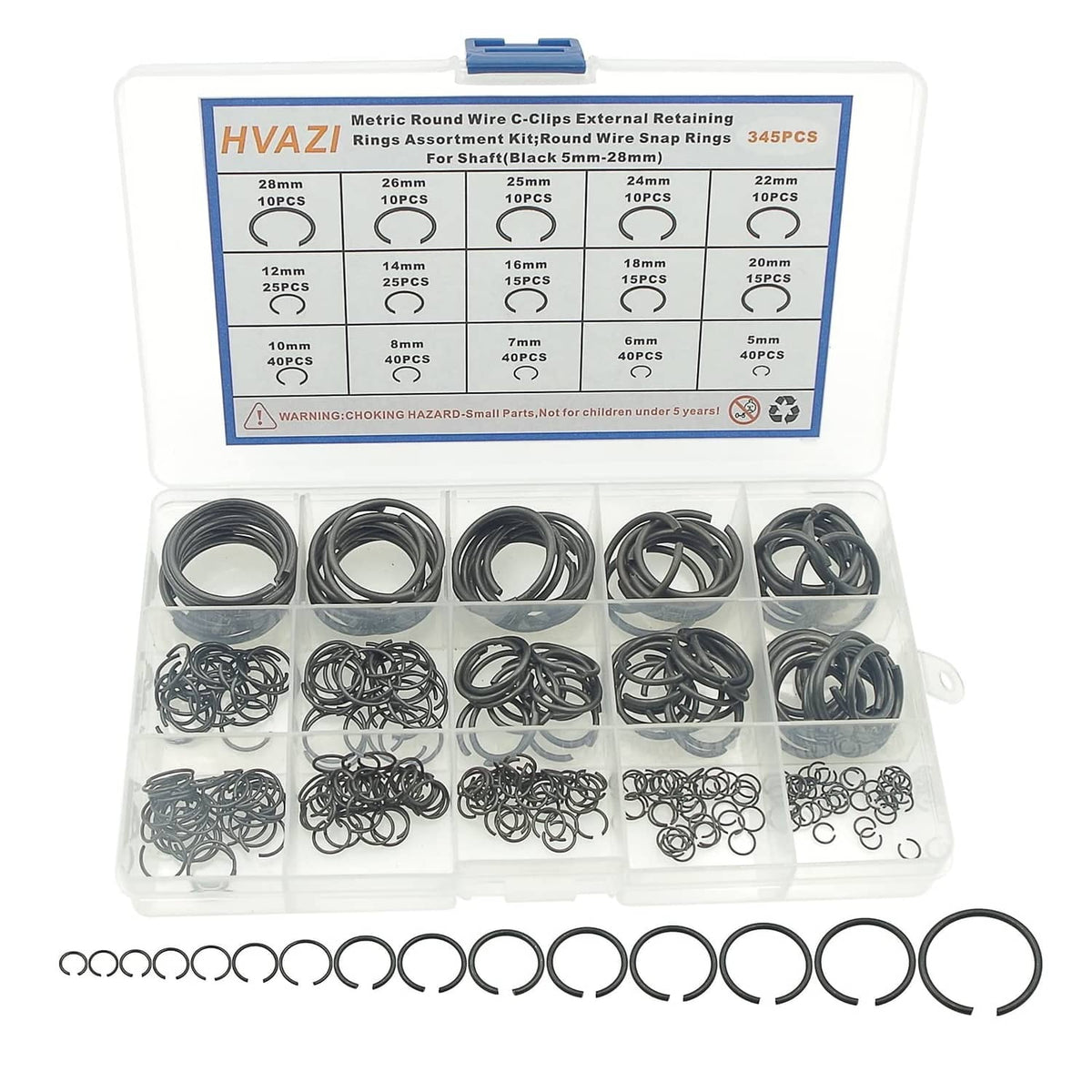 Metric round wire C-clips external retaining rings assorted in clear storage case