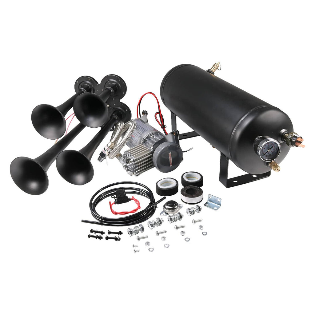 Black four-trumpet train air horn kit with tank, compressor, hose, and parts