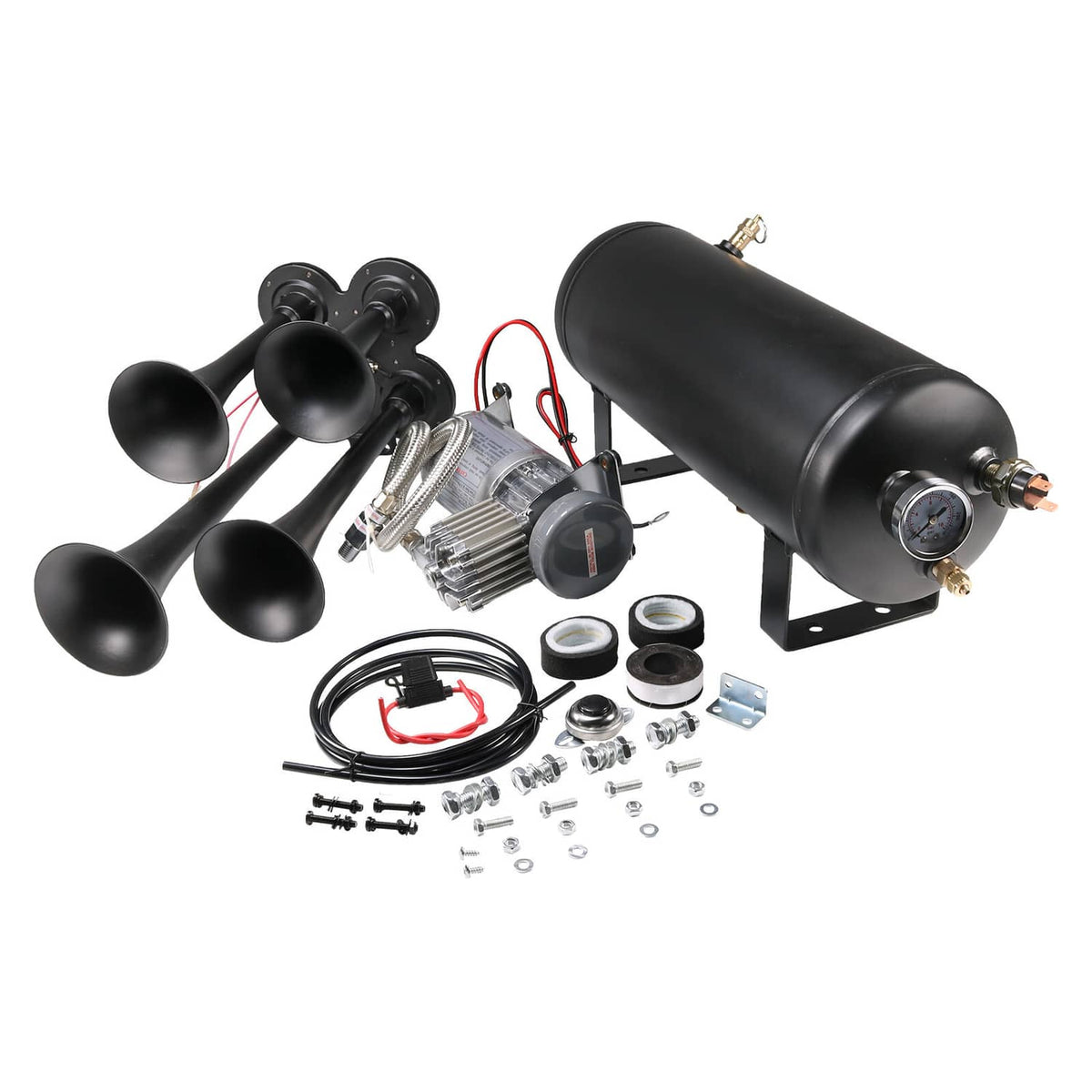 Black four-trumpet train air horn kit with tank, compressor, hose, and parts