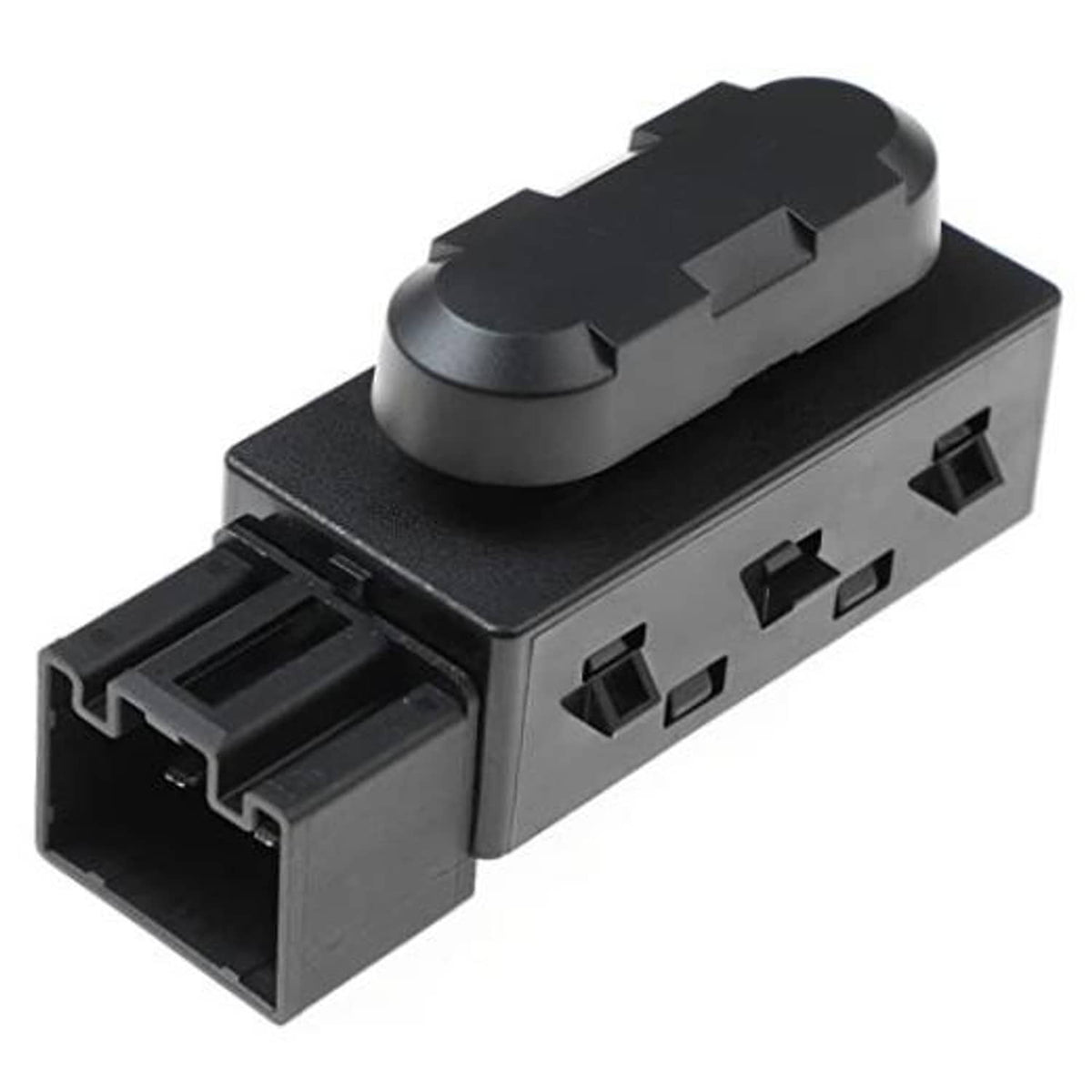 Black power seat switch with oval rocker and side pin-and-tab connectors
