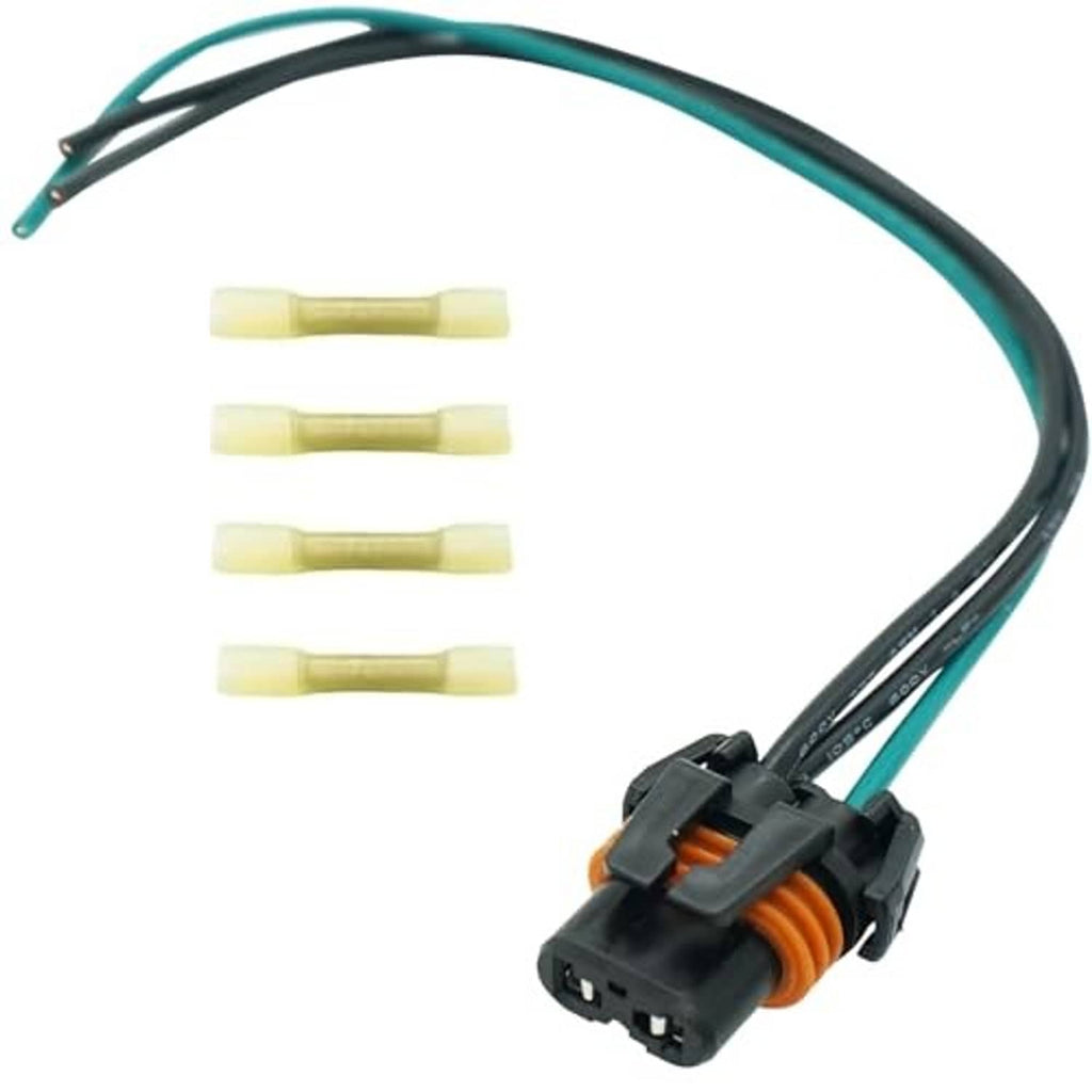 2-pin headlight connector wiring harness with teal and black wires plus four yellow terminal ends