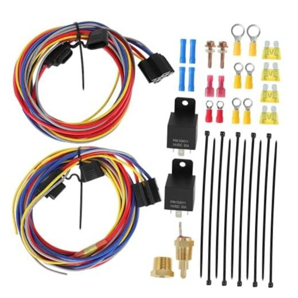 Dual electric fan relay kit with wire harness, relays, temperature switch probe, terminals