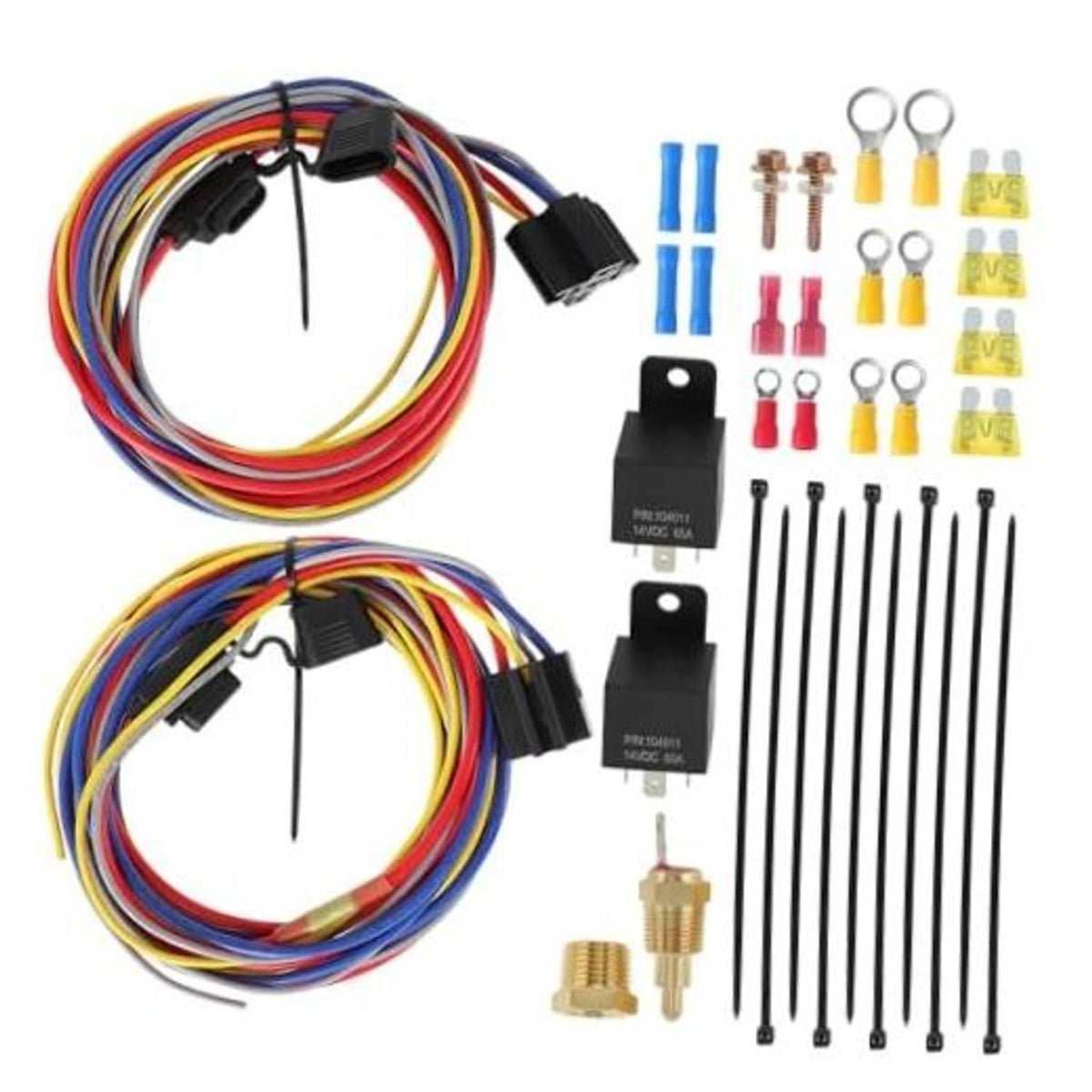 Dual electric fan relay kit with wire harness, relays, temperature switch probe, terminals