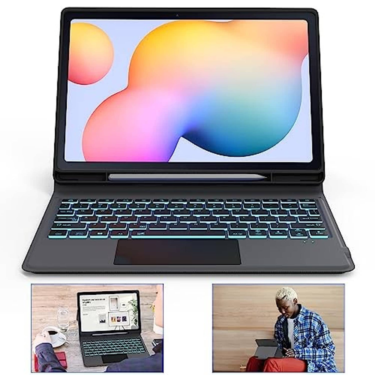 Black Galaxy Tab S6 Lite keyboard case with trackpad and blue backlit keys