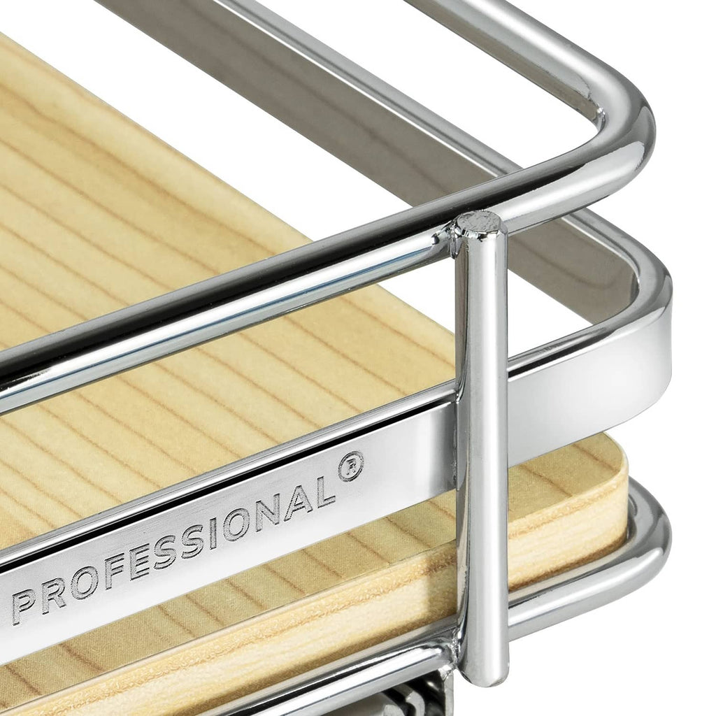 Close-up of chrome corner rail on pull-out spice rack with wood tray
