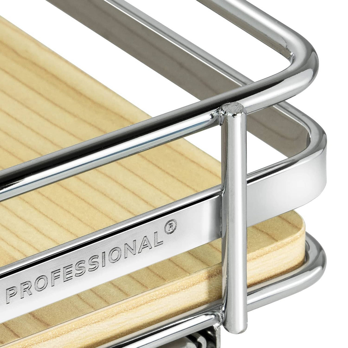 Close-up of chrome corner rail on pull-out spice rack with wood tray