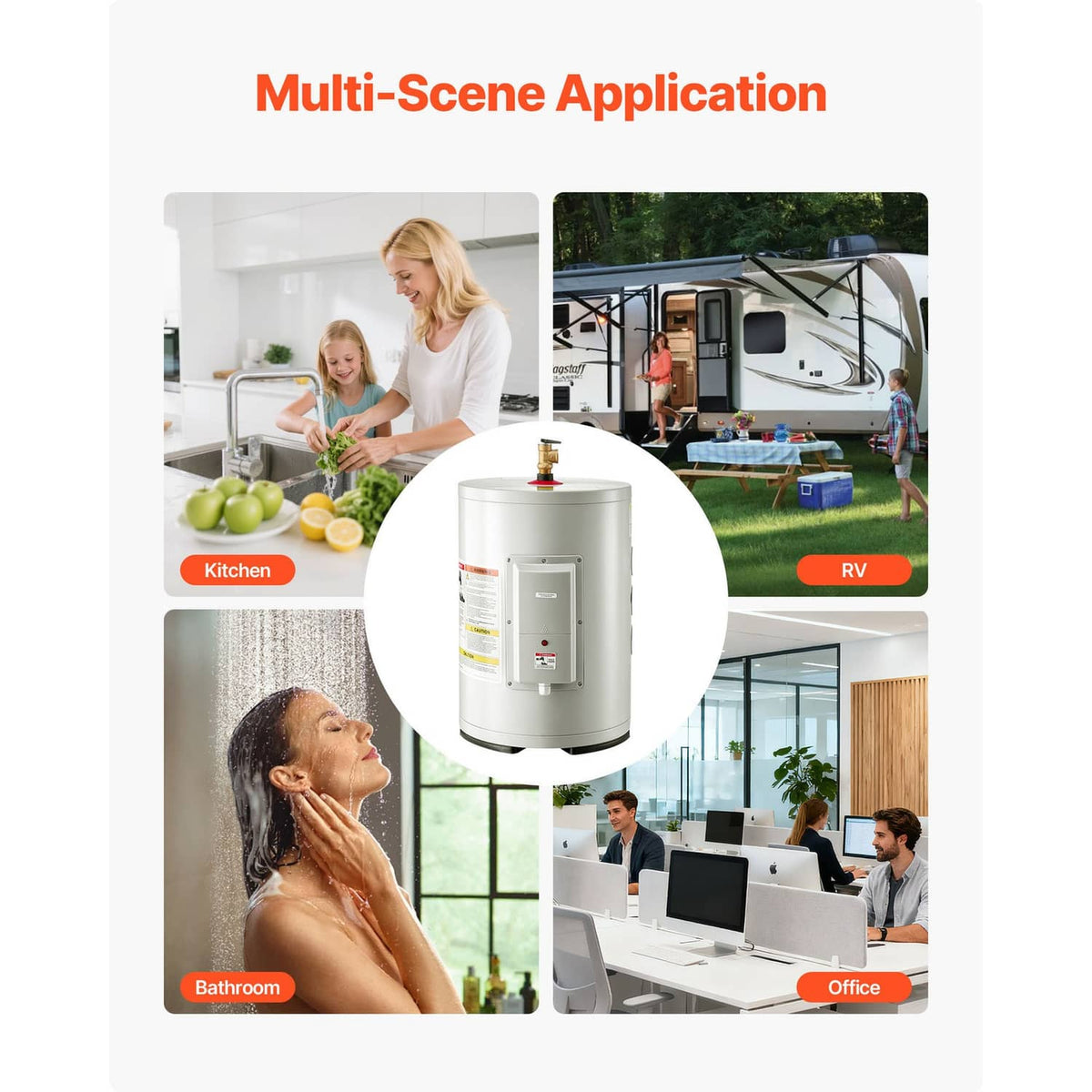Electric water heater multi-scene application graphic with compact tank illustration