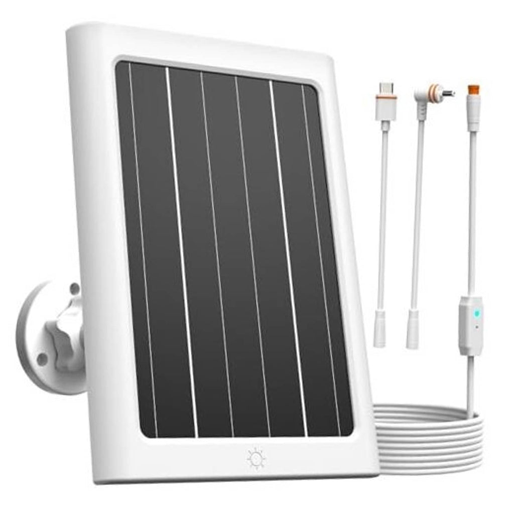 Solar panel with white frame and black photovoltaic cells, wall-mount bracket and cable set