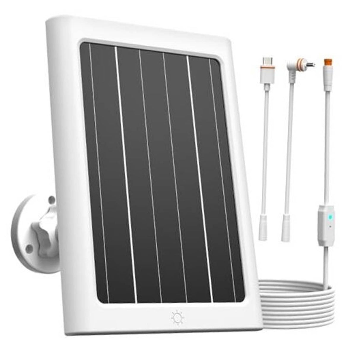 Solar panel with white frame and black photovoltaic cells, wall-mount bracket and cable set