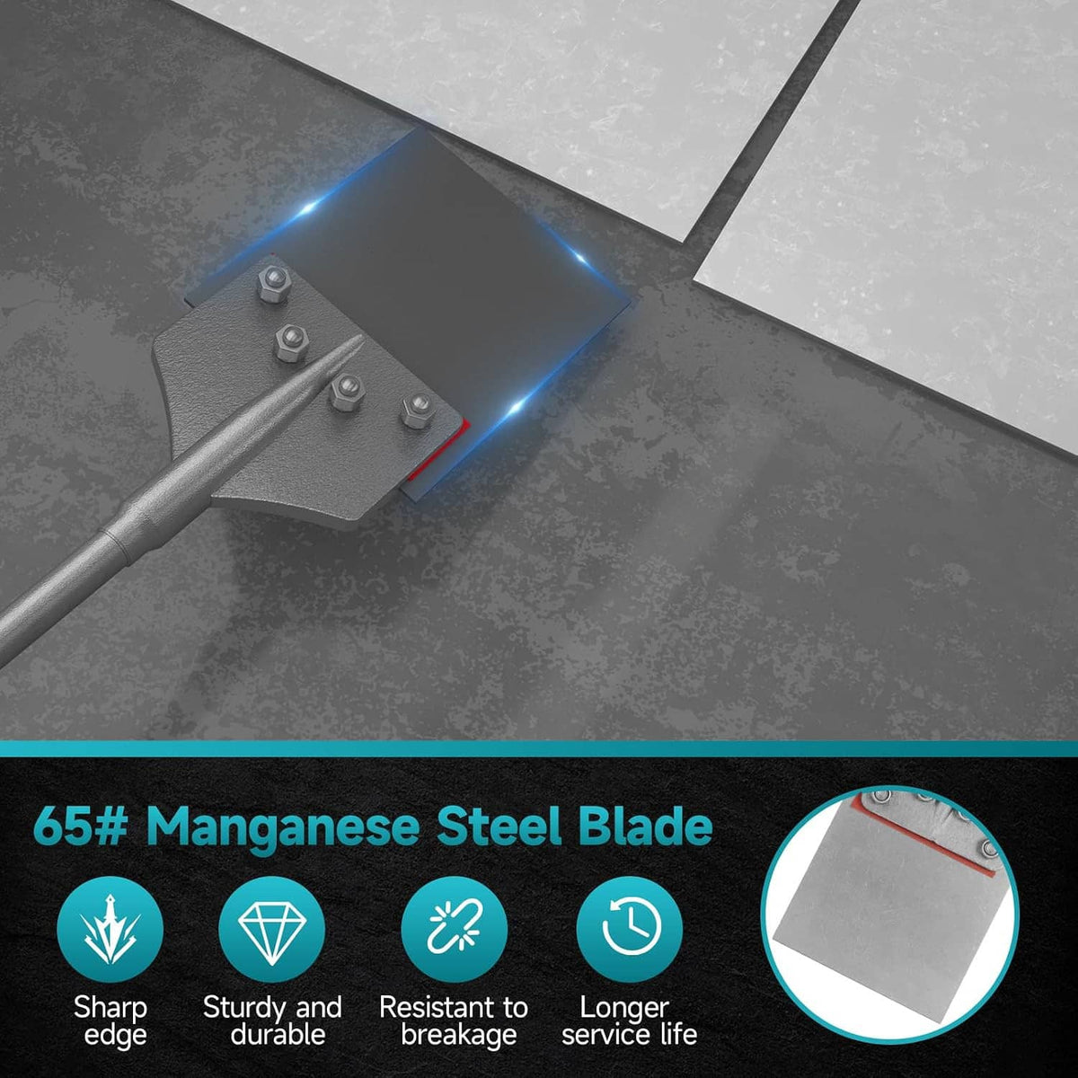 Floor scraper chisel bit with steel blade, mounted on a demolition tool on the floor