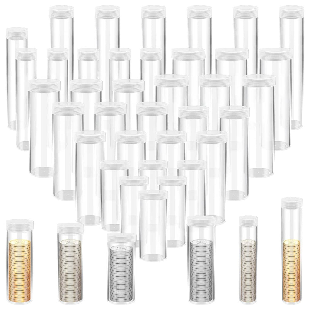 Set of clear plastic coin tubes with white lids, assorted sizes