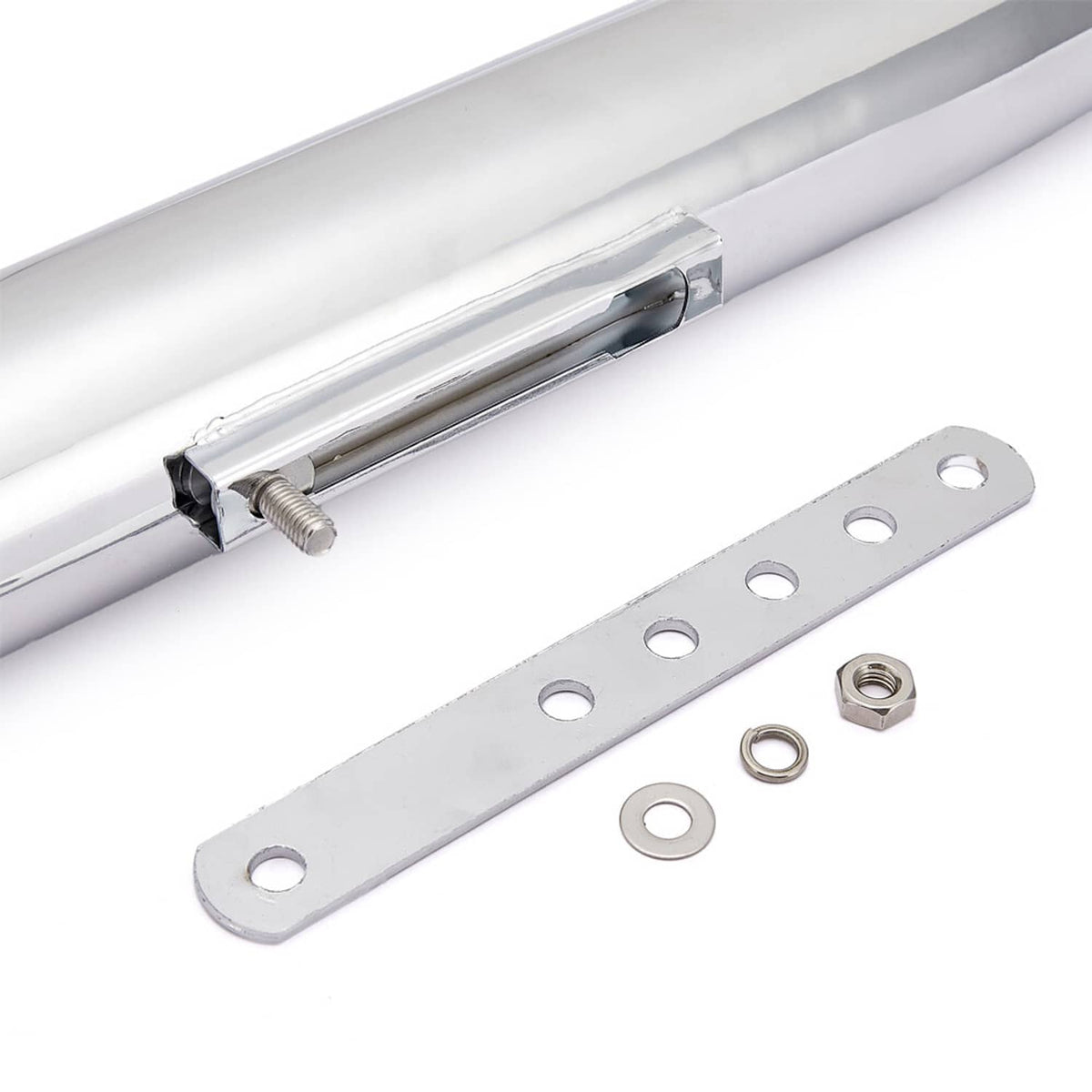 Chrome exhaust muffler and universal mounting plate with bolts, washers, and spacers