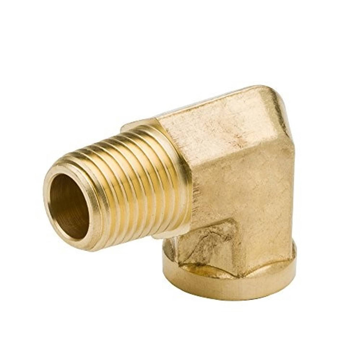 Brass 90° elbow fitting with 3/8 in NPT male threads on one end
