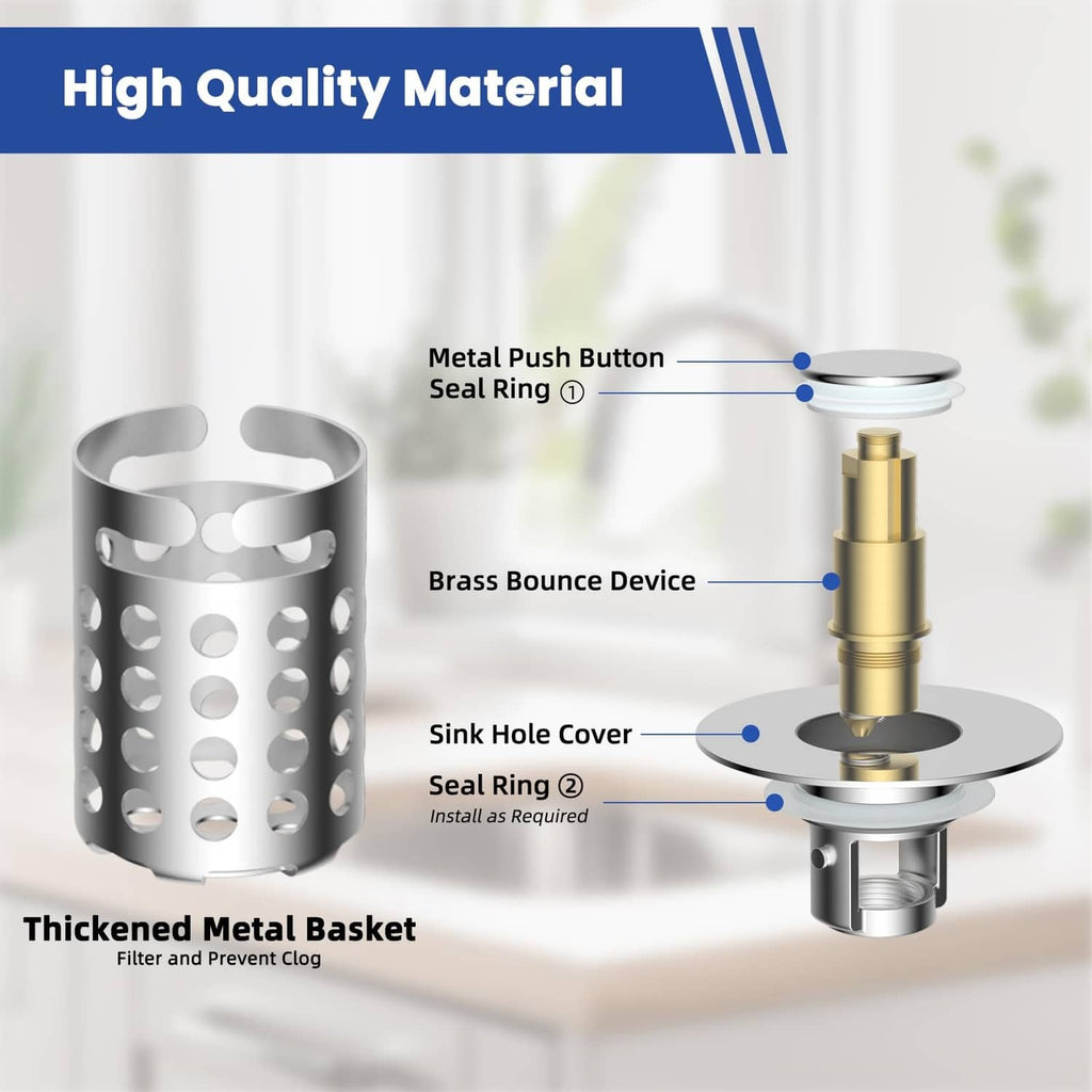 Chrome sink drain strainer with metal basket, push button, and seal rings