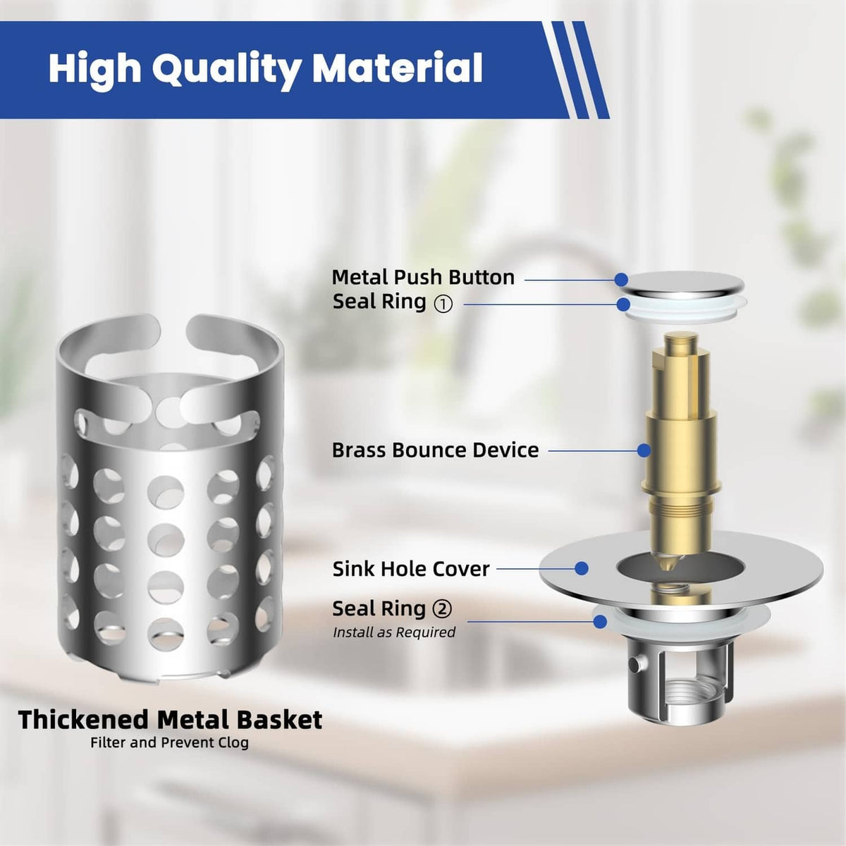 Chrome sink drain strainer with metal basket, push button, and seal rings