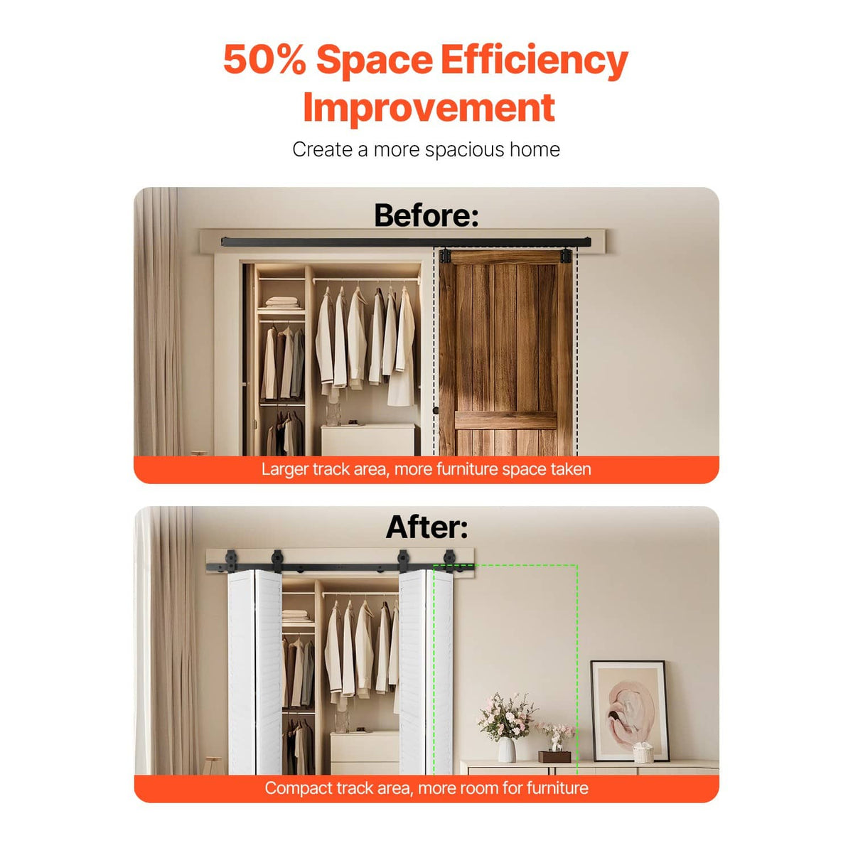 Bi-fold sliding barn door track on four-panel door setup, showing before/after spacing