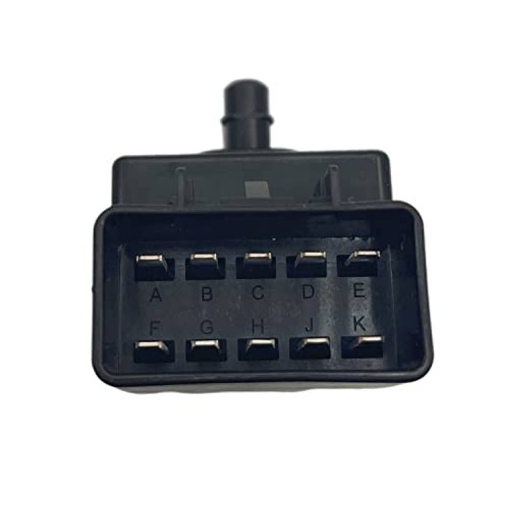 Power seat control switch connector plug with labeled slots A–K, dark housing