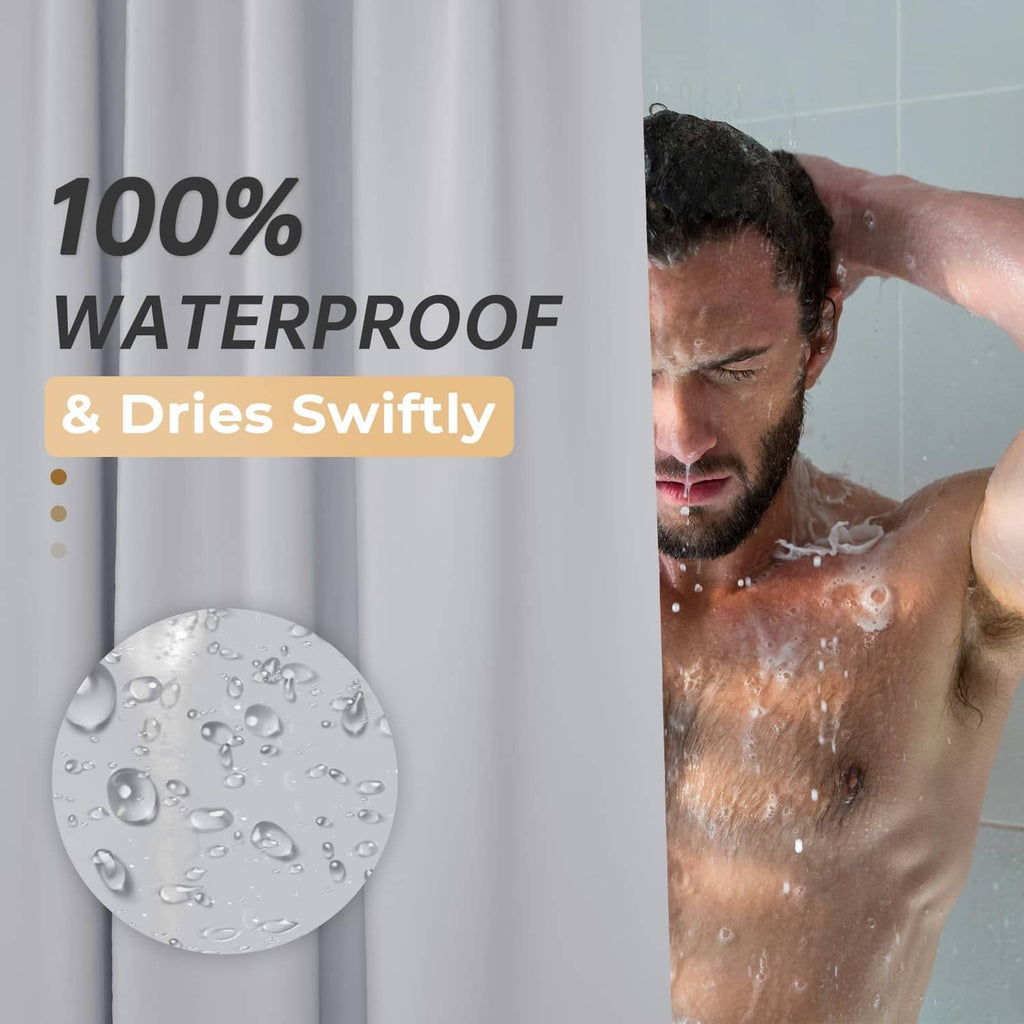 Grey shower curtain in a shower setting, helping block water splashes from the wall