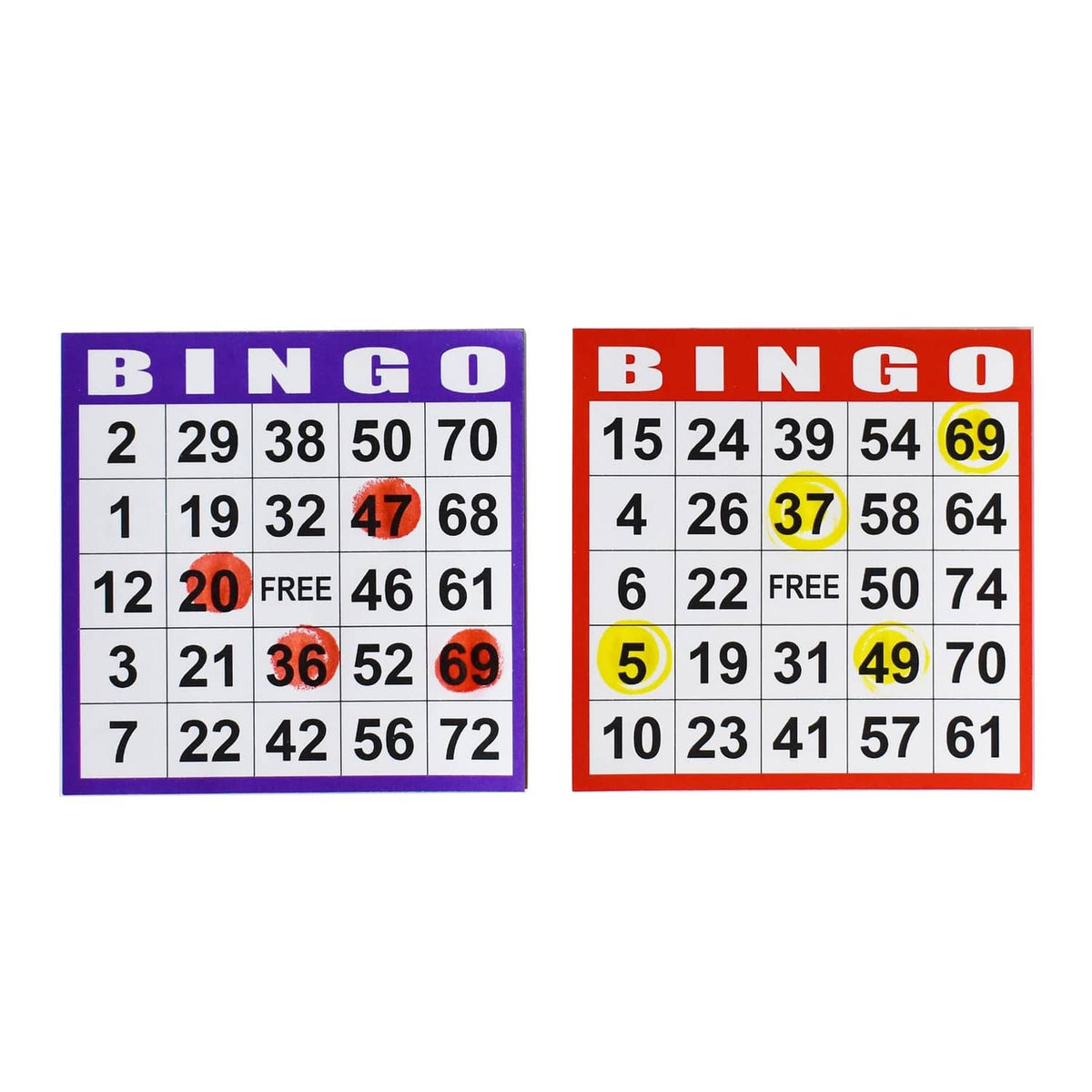 Two Bingo cards: purple and red, each with numbered grid and FREE square.