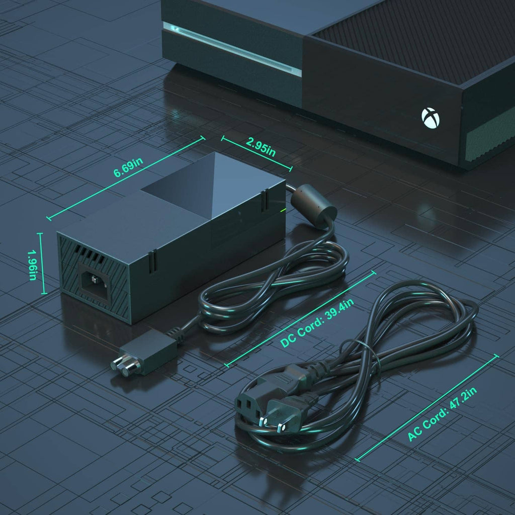 Black power supply brick with AC cord and DC cable, showing connector ends