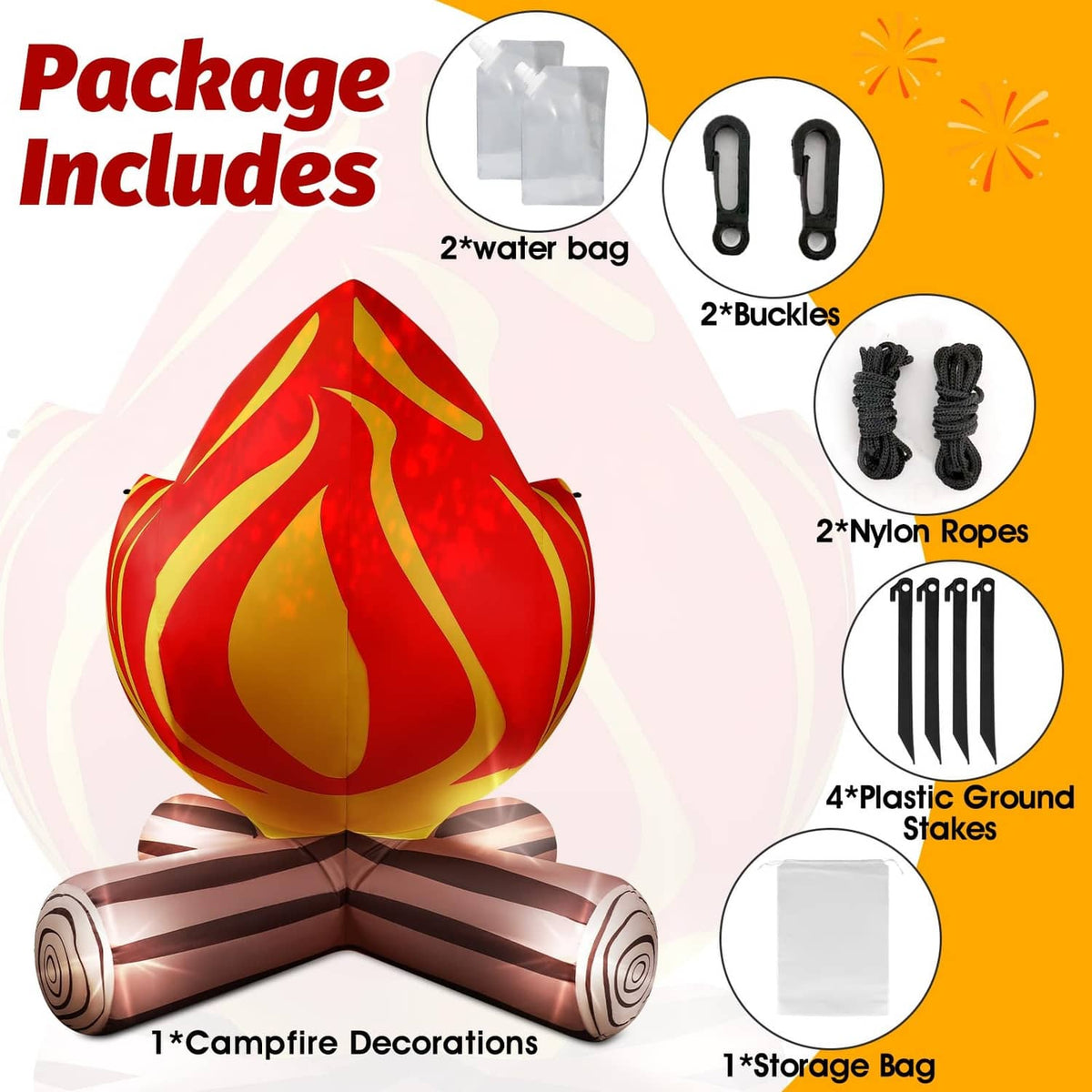 Inflatable campfire decoration package contents with red flame and brown log base