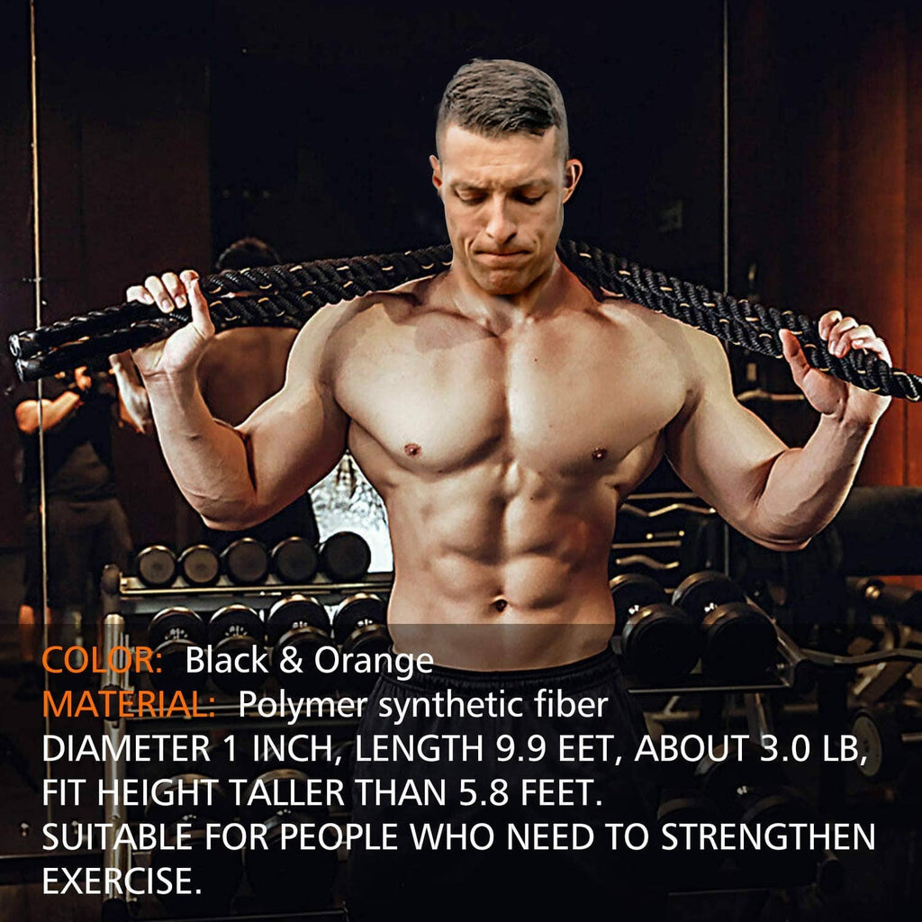 Black-and-orange weighted jump rope held by athlete for strength training exercise.
