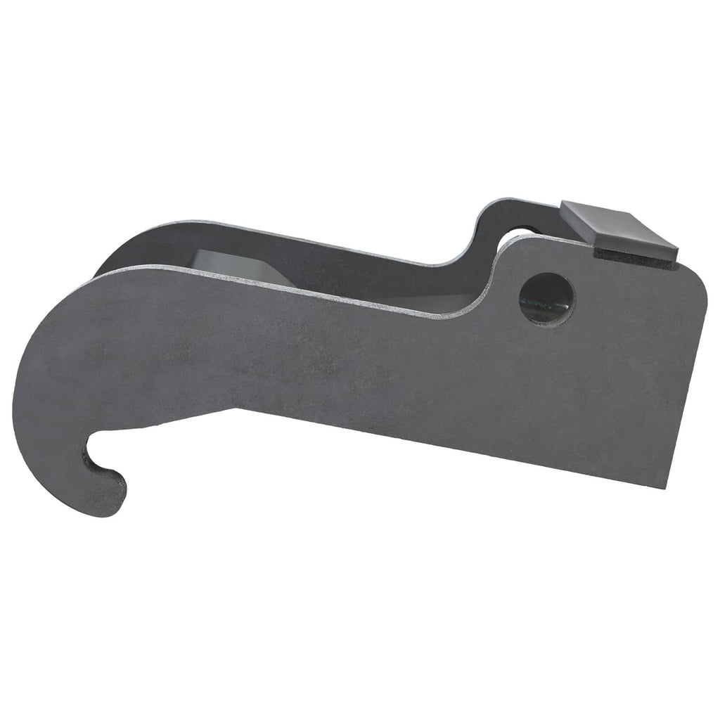 Dark gray excavator coupler bracket side view with rounded fork tips and mounting plate