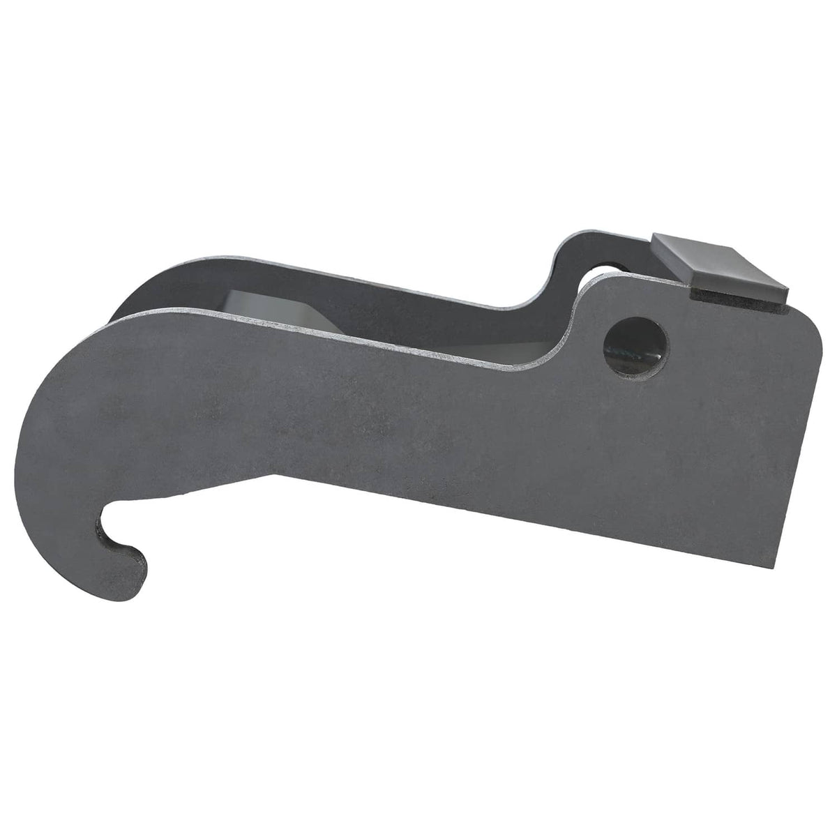 Dark gray excavator coupler bracket side view with rounded fork tips and mounting plate