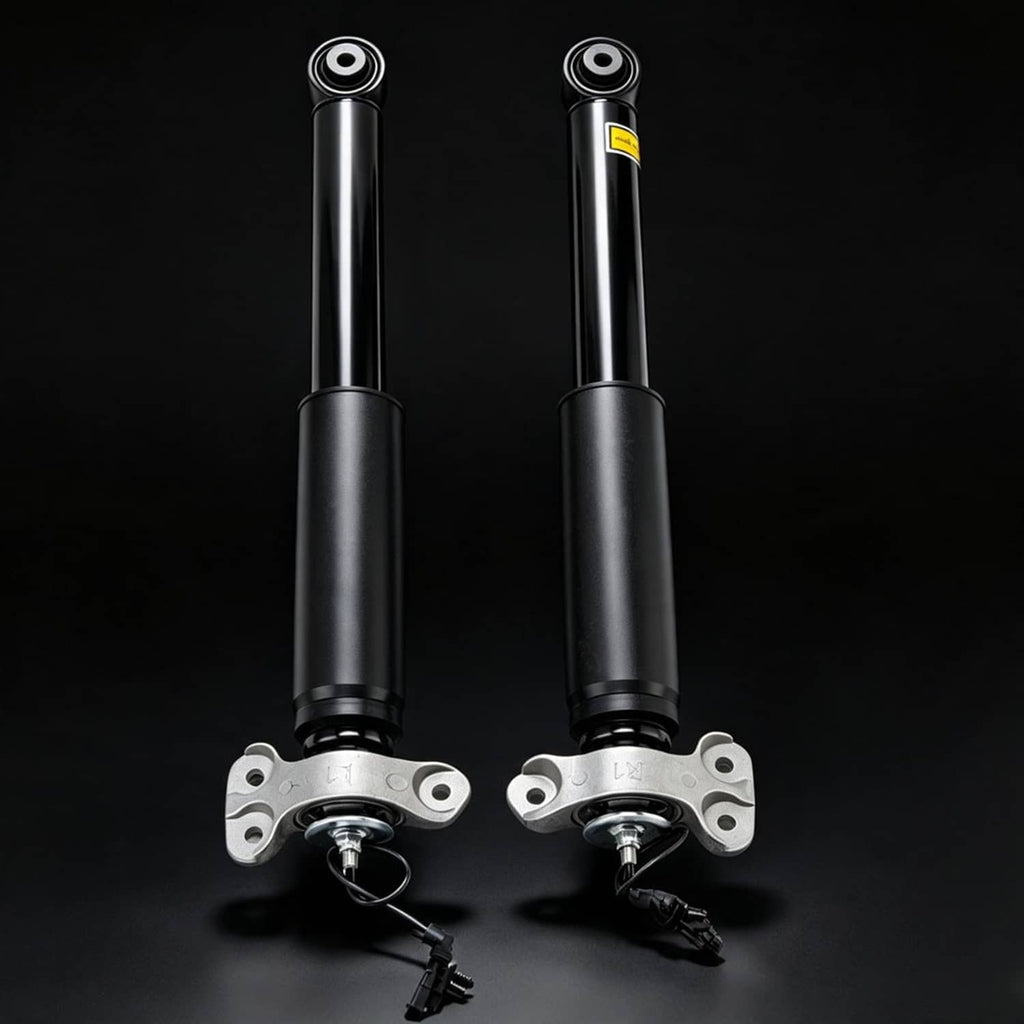 Rear shock absorber pair, black dampers with silver brackets and lower mounting hardware